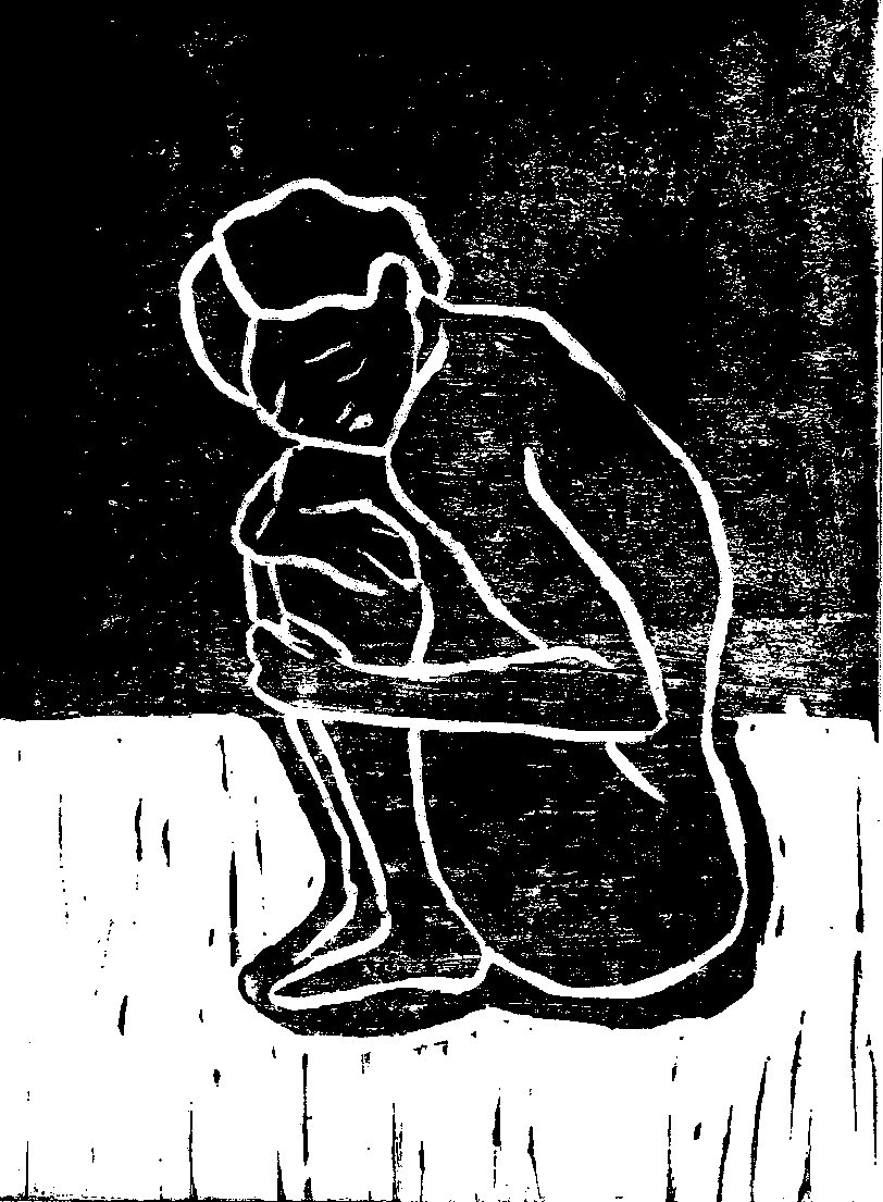 Linocut print of a figure seated with knees drawn up and head bowed forward, arms wrapped around the legs.