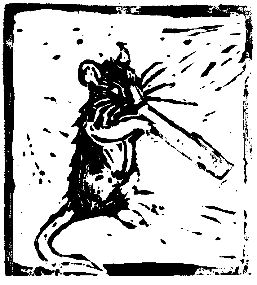 Linocut print of a mouse standing upright on its hind legs, gripping a blade in its front paws.