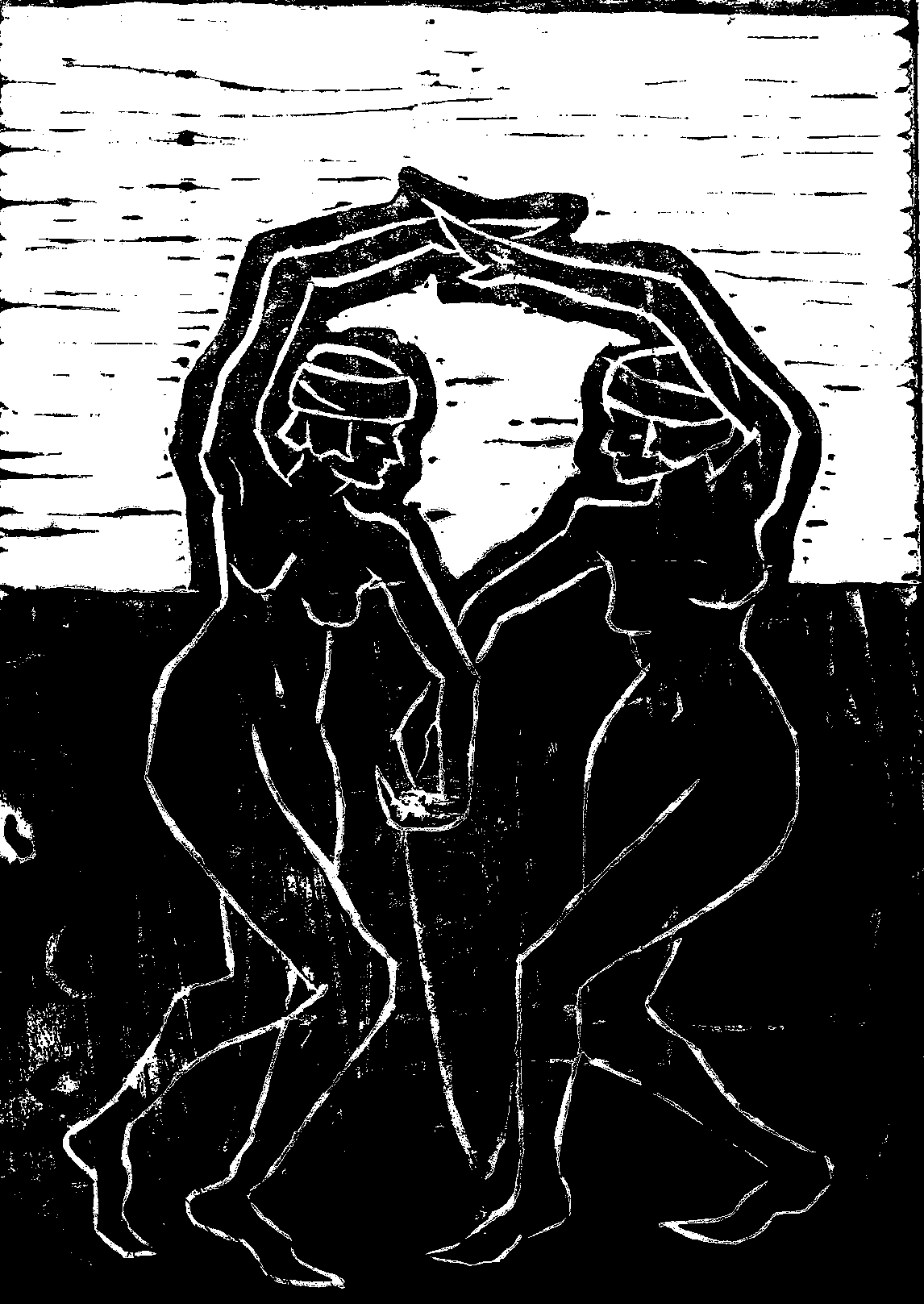 Linocut print of two figures standing on a shoreline, facing each other with arms raised overhead so their arms form an arch above their heads.