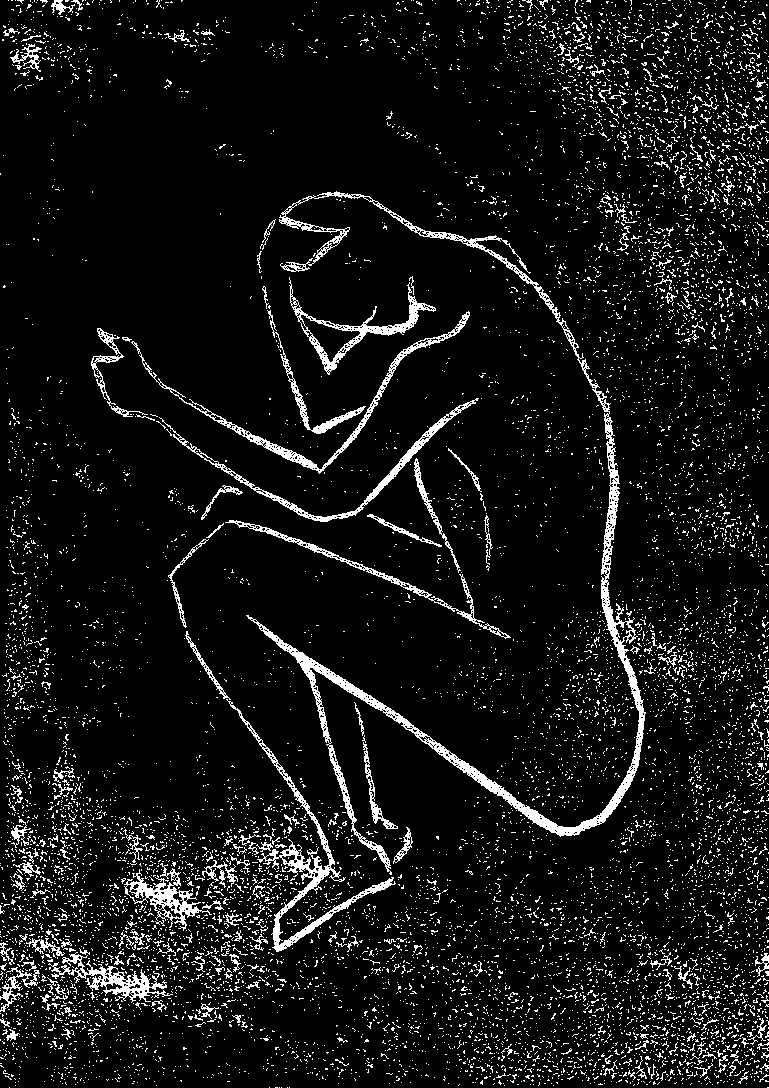 Linocut print of a crouched figure with head lowered and arms wrapped around bent legs, one hand extended outward.