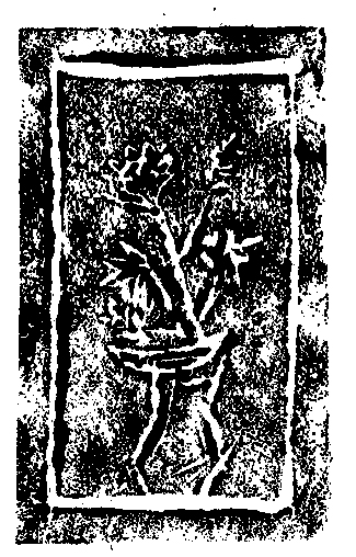Linocut print of a small potted plant with a few thin stems and leaves.